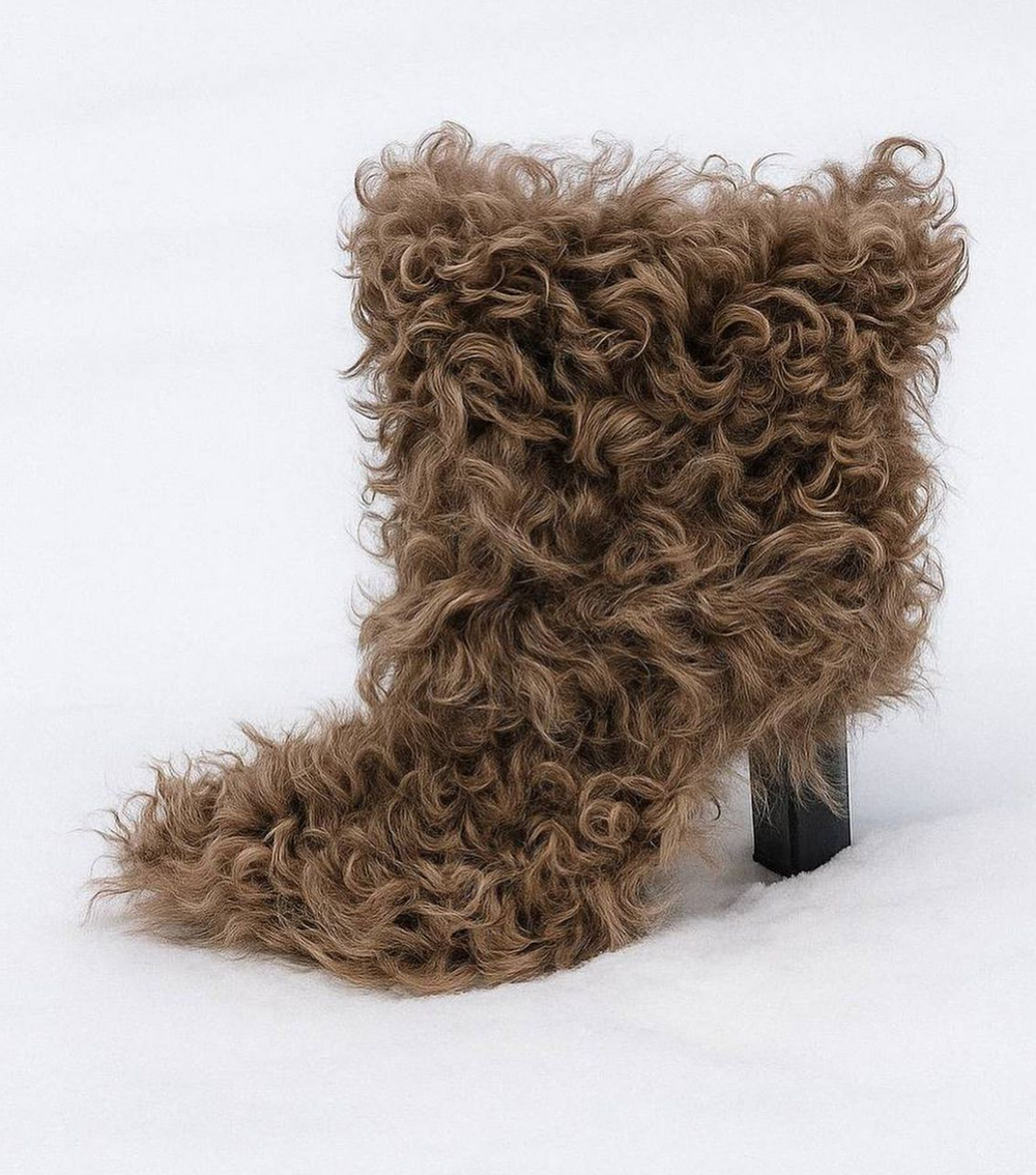 Camel Curly Faux Fur Black Blo - đánh giá và giá Ankle Strap Heels
