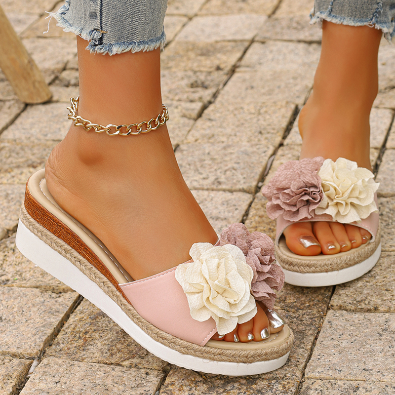 Women's Pink Flower Decor Plat - đánh giá và giá Espadrille Wedge Shoes