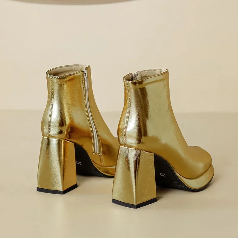 Shiny Silver Gold Winter Autum - đánh giá và giá Block Heel Ankle Boots
